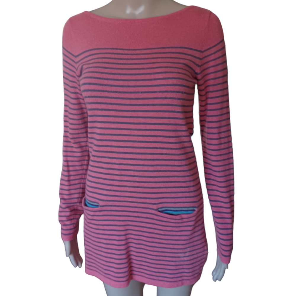 Boden Women's Long Sleeved Top Boat Neck Pink Striped Stretchy Pockets Size 2 - Picture 2 of 10